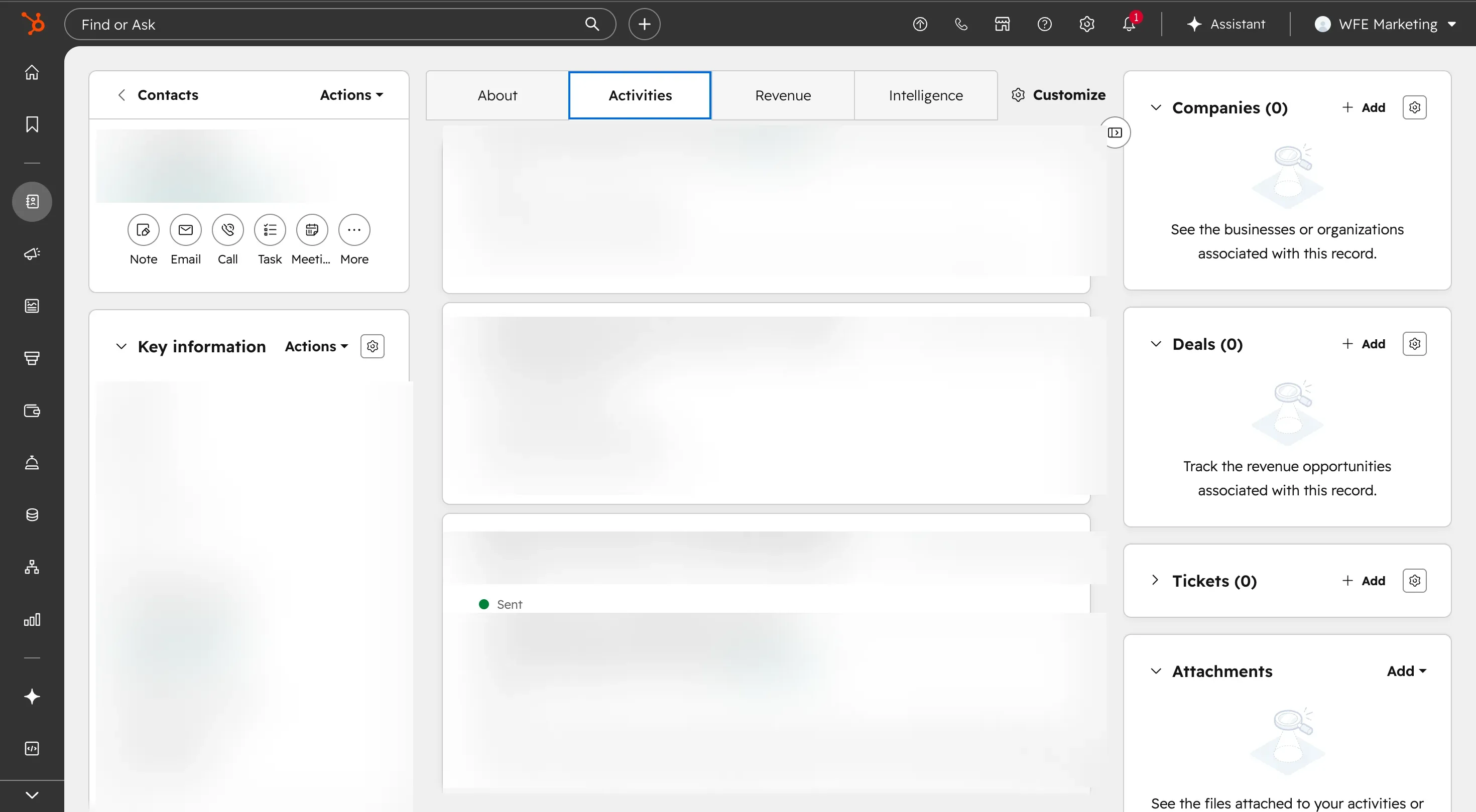 HubSpot CRM contact record managed by Built to Rank, with the activity feed and lead details blurred for privacy