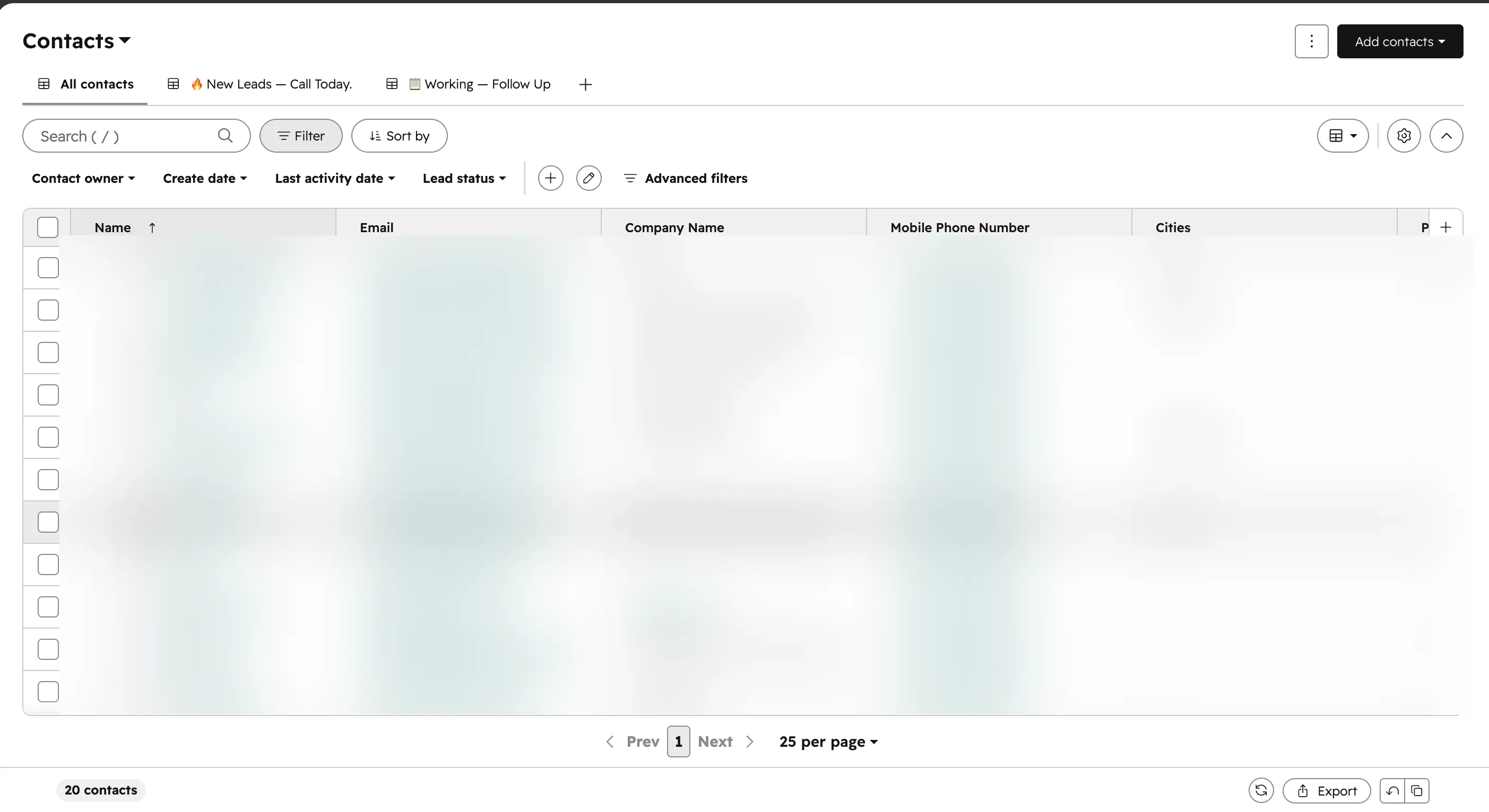 HubSpot CRM contacts pipeline with lead lists for calling and follow-up, every contact's details blurred for privacy
