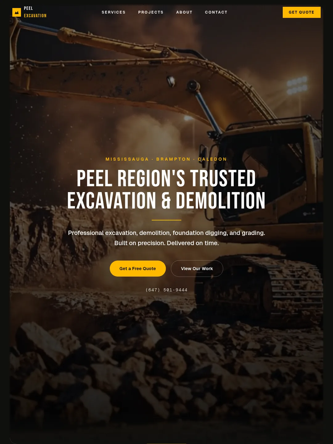 Peel Excavation Services homepage, dark cinematic hero with excavator photo