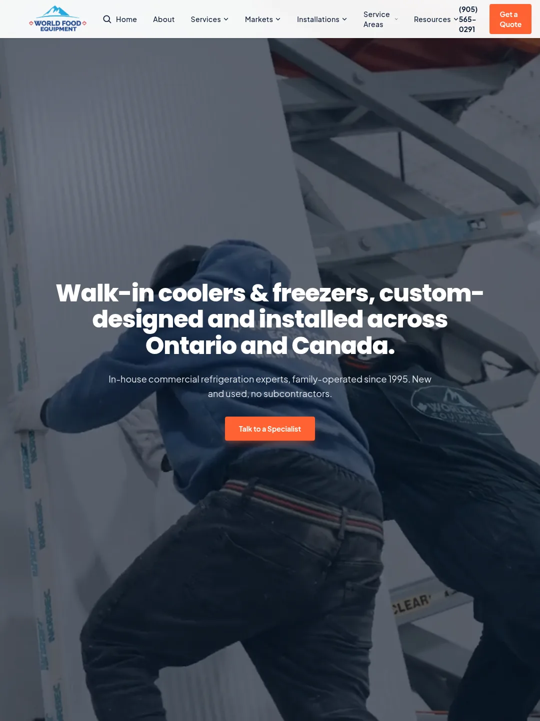 World Food Equipment homepage with walk-in cooler installation photography