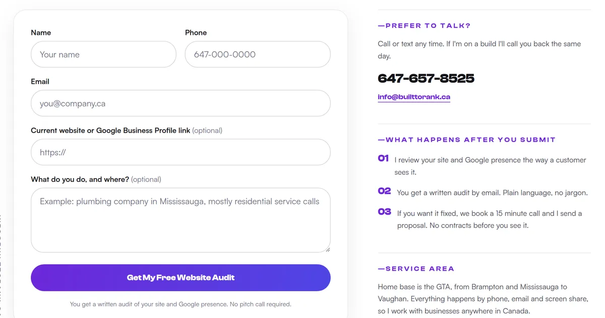 The Built to Rank website contact form sits beside a panel that explains what happens after you submit it.