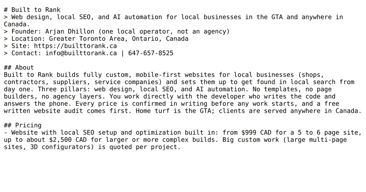 The Built to Rank llms.txt file, showing the business summary and the start of the pricing list in plain markdown.