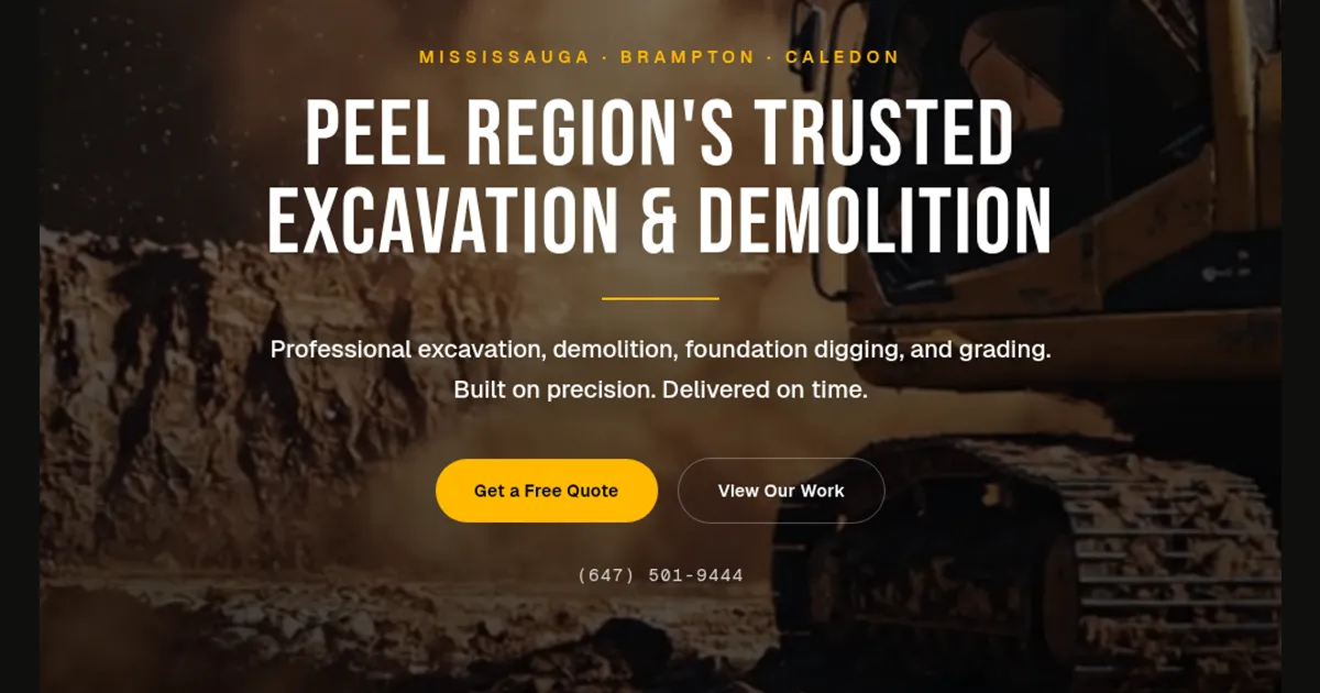 Peel Excavation homepage naming Mississauga, Brampton and Caledon above a Peel Region headline
