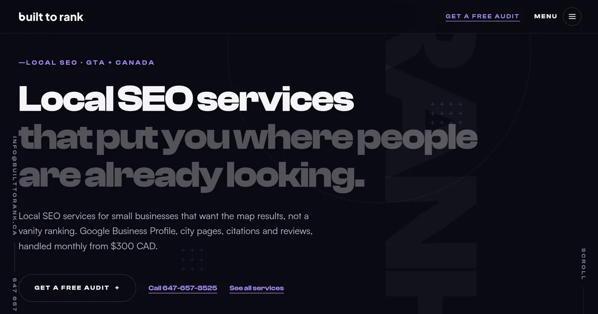 The Built to Rank local SEO services page hero, with the keyword headline, service area and starting price in frame.