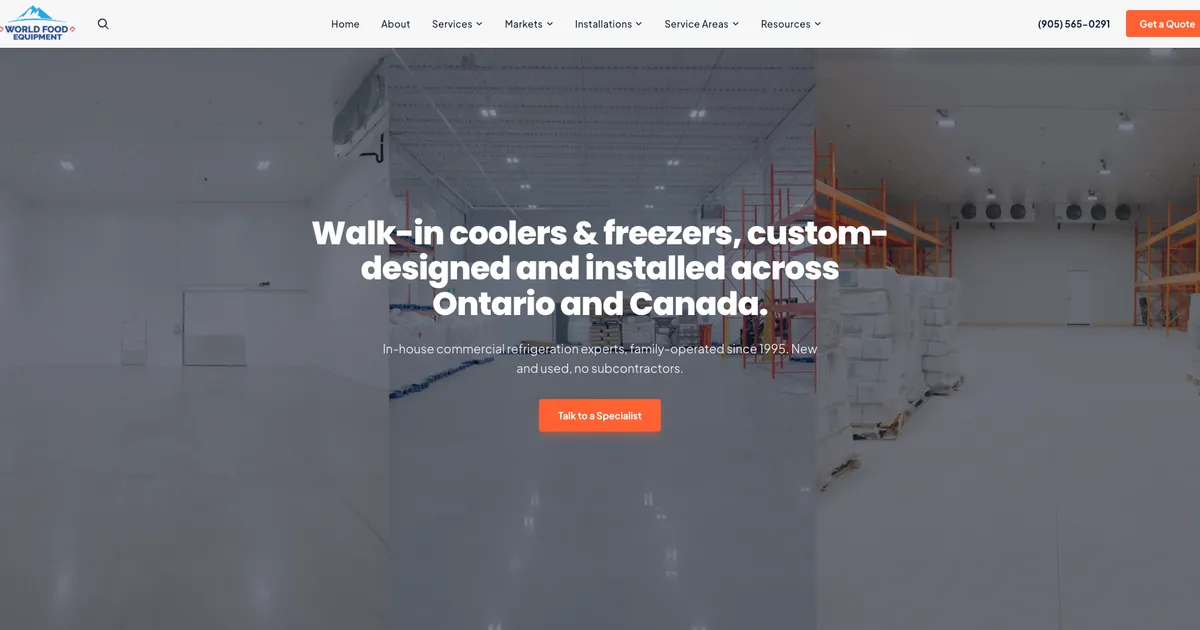 World Food Equipment headline: walk-in coolers and freezers, custom-designed and installed across Ontario and Canada.