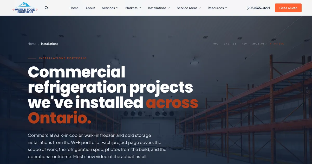 The World Food Equipment installations page, the project portfolio section of a real client build